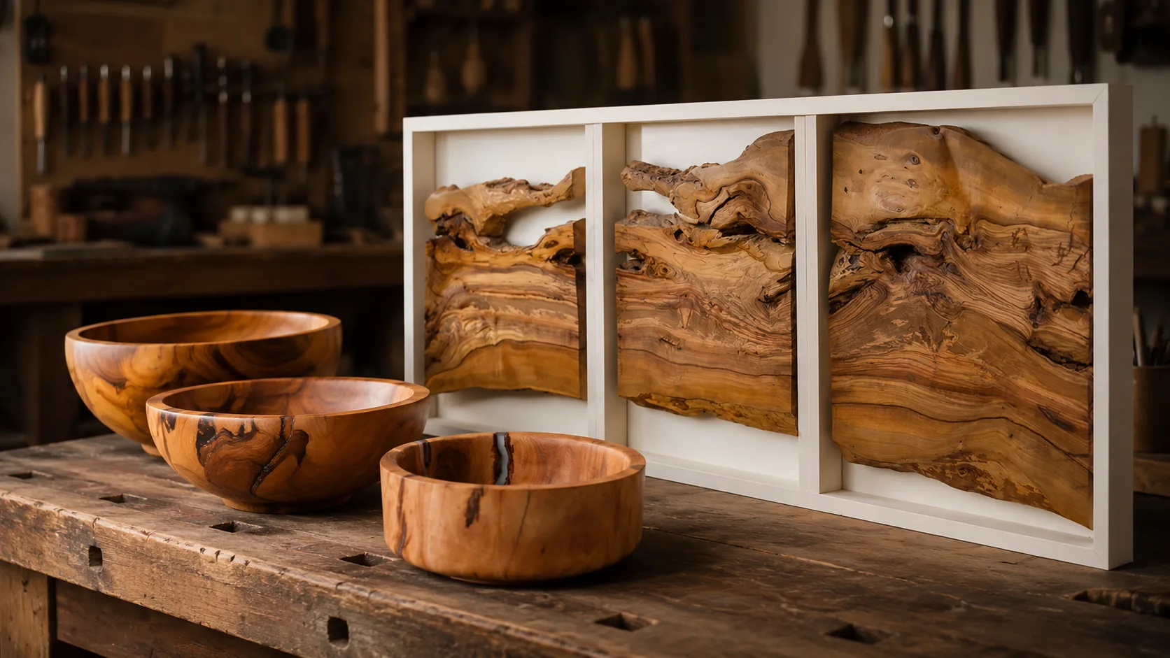 Woodworking studio with handcrafted bowls